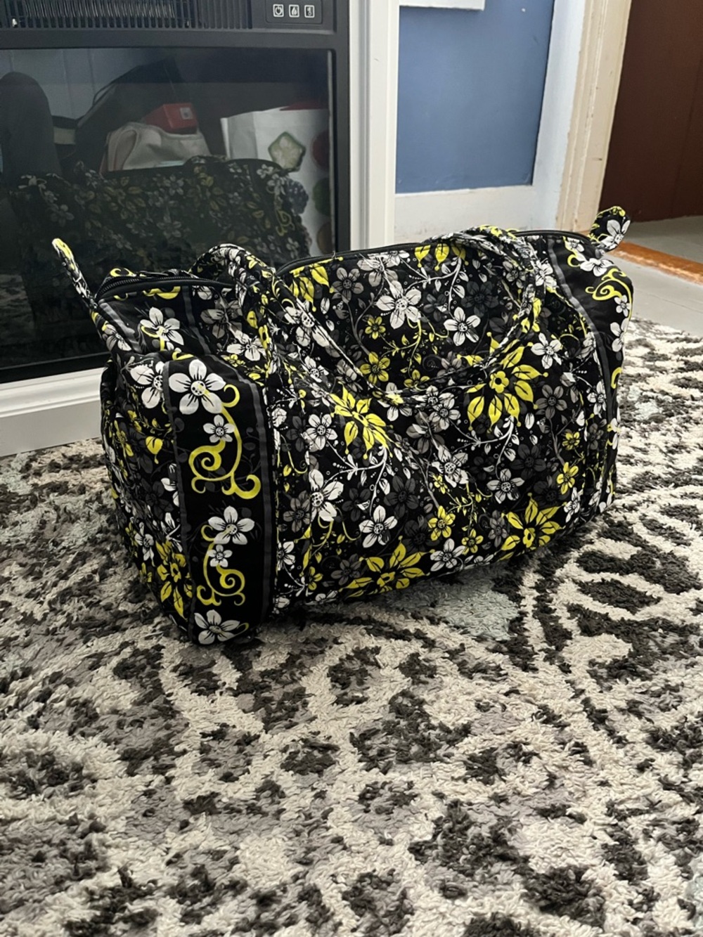 Quilted Floral Weekender Bag in Black, Yellow & White